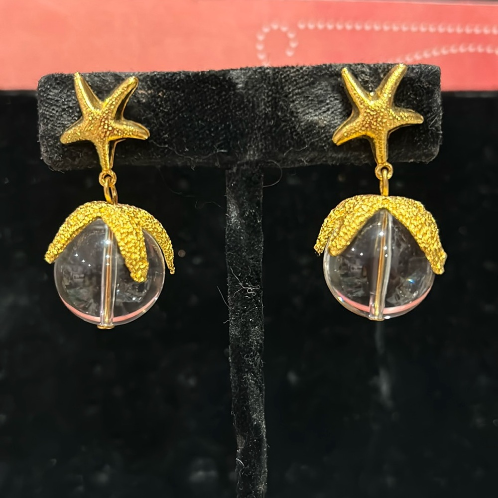 Stunning Vintage Leslie Block Brushed Gold Starfish & Crystal Ball Earrings
